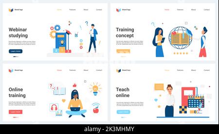 Online training, education services set vector illustration. Cartoon student and teacher study in modern future remote school, elearning concept for banner, website design or landing web page Stock Vector