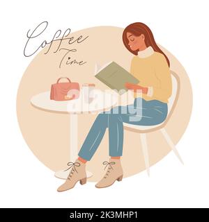 Woman reading book and drinking coffee in the cafe. Hello Fall concept. Coffee time concept. Vector illustration. Stock Vector