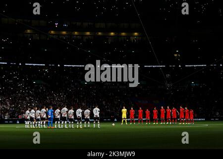 London, UK. 26th Sep, 2022. A general view (GV) of Wembley as the teams observe a minute's silence for Queen Elizabeth II before the UEFA Nations League Group C match between England and Germany at Wembley Stadium on September 26th 2022 in London, England. (Photo by Daniel Chesterton/phcimages.com) Credit: PHC Images/Alamy Live News Stock Photo