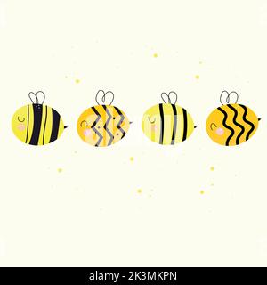 cartoon vector illustration of several bees. He looked funny. Stock Photo