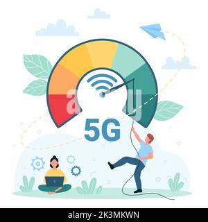 5G network, broadband internet connection speed increase vector illustration. Cartoon tiny man pushing arrow on speed meter to reduce latency of broadcast signal and wifi waves, woman using laptop Stock Vector
