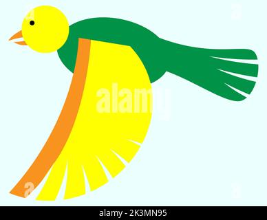 A bird, canary bird flying in the sky, green and orange and yellow and blue colors, bird illustration, colorful bird, minimal drawing style Stock Photo