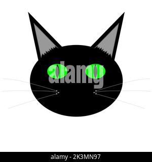 A black cat with gray whiskers and green eyes, pet, animal, witch cat, funny cat, black cat illustration, tag and sign Stock Photo
