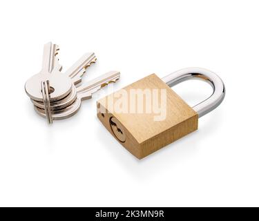 Brass padlock with keys isolated on white Stock Photo