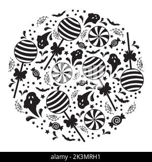 Round Halloween frame with ghosts, cobwebs and sweets, vector illustration. Stock Vector