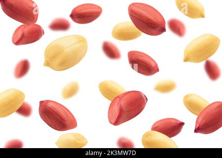 Falling peanut isolated on white background, selective focus Stock Photo