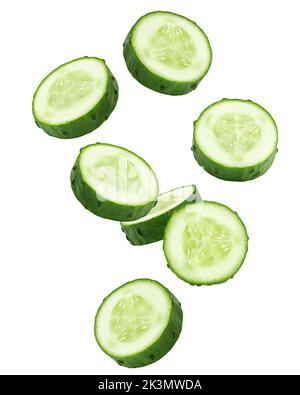 Falling cucumber slice isolated on white background, clipping path, full depth of field Stock Photo