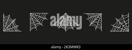 Spider web set. Halloween hand drawn cobweb collection. Vector illustration isolated on black background. Stock Vector