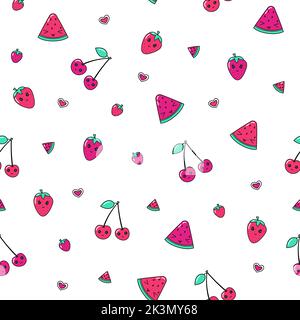 Vector seamless pattern with kawaii watermelons, cherries, strawberry on white background. Stock Vector