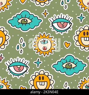 Cute cartoon groovy cloud, eye sticker vector seamless pattern. Hippie retro background illustration Stock Vector