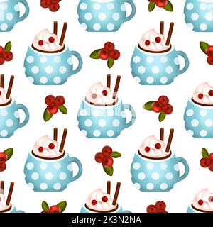 Christmas drink cream 3d vector seamless pattern, cocoa cup dessert chocolate art, winter coffee hot illustration Stock Vector