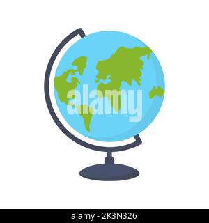 World globe with stand. School Earth map. Continents and ocean model sphere. Education and travel element. Vector isolated on white. Stock Vector