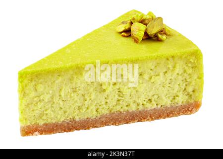 Piece of pistachio cheesecake isolated on white background, clipping path, full depth of field Stock Photo