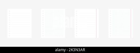 Realistic lined, squared and empty notepapers set. Paper blank sheets collection. Vector isolated on white. Stock Vector