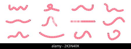 Worms character set. Pink earthworm collection. Vector isolated on white. Stock Vector