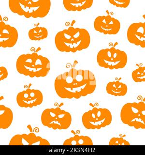 Pumpkin faces silhouettes seamless pattern. Halloween pumpkins texture. Vector isolated on white. Stock Vector