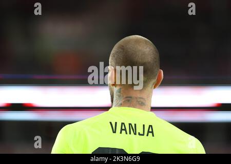 Oslo, Norway, 27 September, Serbia's goalkeeper Vanja Milinkovic-Savic with eyes in his neck , Credit: Frode Arnesen/Alamy Live News Stock Photo