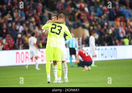Oslo, Norway, 27 September, Serbia's Stefan Mitrovic and Serbia's goalkeeper Vanja Milinkovic-Savic  , Credit: Frode Arnesen/Alamy Live News Stock Photo