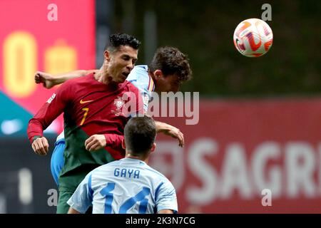 Braga, Portugal. 27th Sep, 2022. Cristiano Ronaldo of Portugal (L) vies with Pau Torres of Spain during the UEFA Nations League Group A2 football match between Portugal and Spain, at the Municipal Stadium in Braga. (Credit Image: © Pedro Fiuza/ZUMA Press Wire) Stock Photo