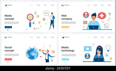Social media technology, network set vector illustration. Cartoon members of virtual platform work online, global chat communication of people concept for banner, website design or landing web page Stock Vector
