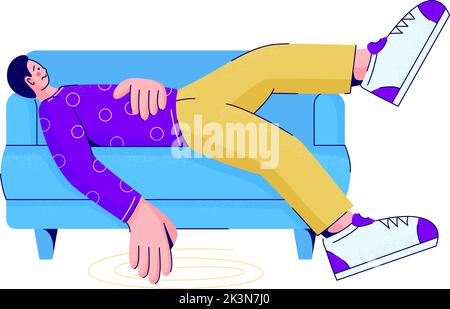 Worried sad man lying on couch. Bored and tired person without motivation in apathy on sofa. Lazy character procrastinating and postponing. Burnout Stock Vector
