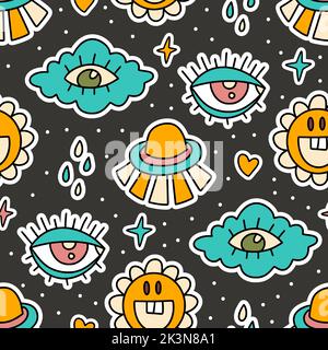 Cute cartoon groovy cloud, eye sticker vector seamless pattern. Hippie retro background illustration Stock Vector
