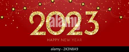 Happy New Year Banner with Gold 2023 Numbers. Holiday illustration isolated on red background Stock Vector