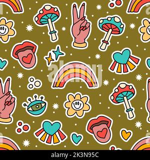 Cute cartoon groovy rainbow sticker vector seamless pattern. Hippie retro background illustration Stock Vector
