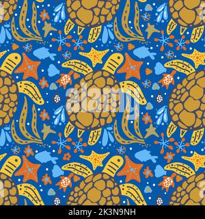 sea turtle cartoon seamless pattern vector summer  Stock Vector