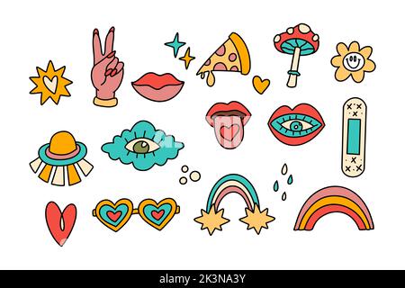 Retro cute cartoon hippy groovy vector sticker set. Hand sign cool cloud eye lips kiss flower collection Stock Vector