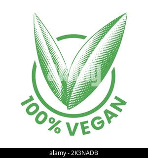 %100 Vegan Round Icon with Engraved Green Leaves isolated on a White Background Stock Vector