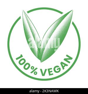 %100 Vegan Round Icon with Engraved Green Leaves isolated on a White Background Stock Vector