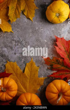 autumn-themed mockup with pumpkins, leaves Stock Photo