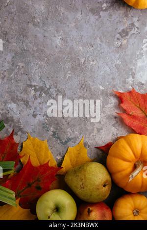 autumn-themed mockup with pumpkins, leaves Stock Photo