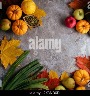 autumn-themed mockup with pumpkins, leaves Stock Photo