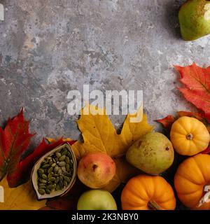 autumn-themed mockup with pumpkins, leaves Stock Photo