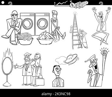 Black and white Cartoon illustration of business concepts with comic people and businessmen characters set Stock Vector