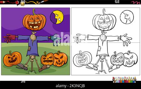 Cartoon illustration of spooky scarecrow Halloween character with pumpkins coloring page Stock Vector