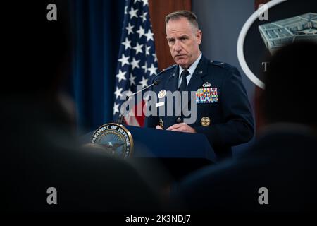 Arlington, United States Of America. 27th Sep, 2022. Arlington, United States of America. 27 September, 2022. Pentagon Press Secretary Air Force Brig. Gen. Pat Ryder listens to a question from a reporter during a press briefing at the Pentagon, September 27, 2022 in Arlington, Virginia. Ryder announced that the first advanced NASAMS anti-aircraft systems will be shipped to Ukraine in the next months. Credit: PO2 Alexander Kubitza/DOD/Alamy Live News Stock Photo
