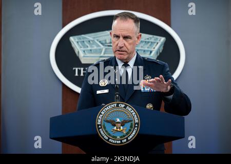 Arlington, United States Of America. 27th Sep, 2022. Arlington, United States of America. 27 September, 2022. Pentagon Press Secretary Air Force Brig. Gen. Pat Ryder responds to a question from a reporter during a press briefing at the Pentagon, September 27, 2022 in Arlington, Virginia. Ryder announced that the first advanced NASAMS anti-aircraft systems will be shipped to Ukraine in the next months. Credit: PO2 Alexander Kubitza/DOD/Alamy Live News Stock Photo