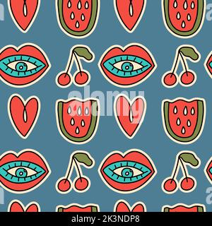 Cute cartoon groovy lips, cherry, watermelon sticker vector seamless pattern. Hippie retro background illustration Stock Vector
