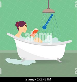 Woman in bath tub with shower and thermometer, shower temperature concept Stock Vector