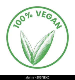 %100 Vegan Round Icon with Engraved Green Leaves isolated on a White Background Stock Vector