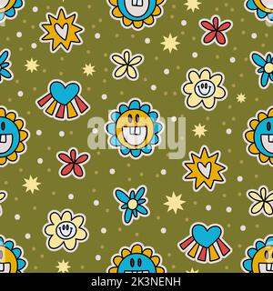 Cute cartoon groovy sticker flower vector seamless pattern. Hippie retro background illustration Stock Vector