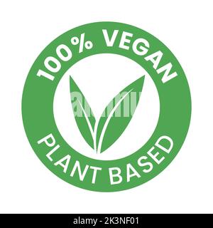 %100 Vegan Plant Based Round Icon with Green Leaves isolated on a White Background Stock Vector