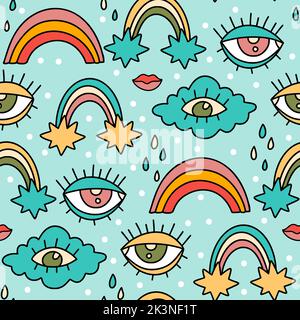 Cute cartoon groovy rainbow cloud sticker vector seamless pattern. Hippie retro background illustration Stock Vector