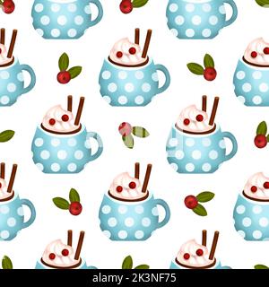 Christmas drink cream 3d vector seamless pattern, cocoa cup dessert chocolate art, winter coffee hot illustration Stock Vector