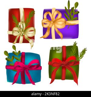 Merry Christmas Happy New Year isolated 3d gift box set cartoon vector collection background design. Stock Vector
