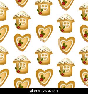 Christmas house heart cookie 3d seamless pattern vector ginger biscuit Xmas cute cookies Stock Vector