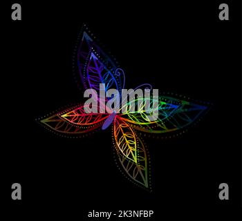 Abstract multicolored leaves with butterflies on a black background. Vector illustration Stock Vector